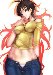 Rule 34 | 00s, 1girl, absurdres, ahoge, amaha masane, black bra, blouse, blue panties, bra, bracelet, breasts, brown eyes, brown hair, contrapposto, curvy, denim, dual persona, finger to mouth, highres, hip focus, impossible clothes, impossible shirt, jeans, jewelry, large breasts, licking, licking finger, lingerie, midriff, mikazuki akira!, navel, panties, pants, shirt, short hair, solo, standing, striped clothes, striped panties, thigh gap, thighs, torrent, unbuttoned, underwear, unzipped, wide hips, witchblade, yellow shirt