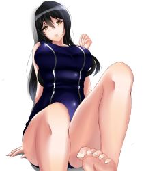 Rule 34 | 10s, 1girl, aldnoah.zero, arm support, bare legs, barefoot, black hair, breasts, feet, kaizuka yuki, large breasts, long hair, looking at viewer, one-piece swimsuit, reika j, school swimsuit, simple background, sitting, solo, swimsuit, toenails, toes, white background, yellow eyes