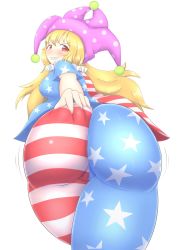 Rule 34 | 1girl, american flag, american flag legwear, ass, ass grab, blonde hair, blush, breasts, clownpiece, deep skin, from behind, grin, guroo (shine119), hat, highres, huge ass, jester cap, large breasts, long hair, pantyhose, red eyes, shiny clothes, smile, solo, touhou