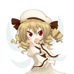 Rule 34 | 1girl, blonde hair, blush, bow, brown hair, chestnut mouth, drill hair, fairy wings, female focus, fighting stance, hat, highres, keyaki chimaki, long hair, luna child, open mouth, red eyes, solo, touhou, transparent background, white background, wings