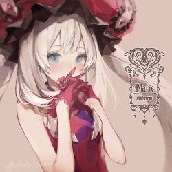 Rule 34 | 1girl, blue eyes, blush, brown background, character name, dress, fate/grand order, fate (series), frilled hat, frills, gloves, hat, koshika rina, large hat, long hair, marie antoinette (fate), red dress, red gloves, silver hair, simple background, sleeveless, sleeveless dress, solo, twintails, twitter username, upper body