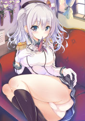 Rule 34 | 10s, 1girl, ass, beret, black legwear, blue eyes, breasts, calendar (object), clothes lift, commentary request, couch, curtains, epaulettes, eyebrows, gloves, gluteal fold, hair between eyes, hat, highres, kantai collection, kashima (kancolle), kerchief, large breasts, long sleeves, looking at viewer, military, military uniform, mouth hold, on couch, panties, pantyshot, silver hair, skirt hold, solo, sumisuzu, twintails, underwear, uniform, white gloves, white panties, window