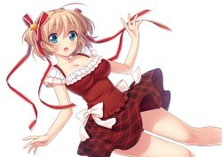 Rule 34 | 1girl, blonde hair, dress, green eyes, kamikita komari, little busters!, plaid, plaid skirt, short hair, skirt, solo, touon, twintails, two side up, white background