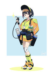 Rule 34 | 1girl, absurdres, backpack, bag, black hair, brown eyes, commentary, cup, disposable cup, fami (yellow skies), fanny pack, full body, goggles, goggles on head, hand on own hip, highres, holding, knee brace, multicolored hair, name tag, original, red hair, short shorts, shorts, simple background, solo, streaked hair, two-tone hair, visor cap, wristband