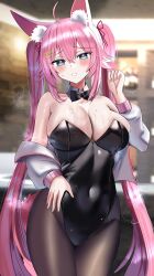 Rule 34 | 1girl, absurdres, animal ear fluff, animal ears, bare shoulders, black leotard, black pantyhose, blue eyes, blurry, blurry background, breasts, cleavage, commentary request, covered navel, cowboy shot, crossed bangs, hanasaka houcha, hand up, highres, indie virtual youtuber, jacket, kwando, large breasts, leotard, long hair, long sleeves, looking at viewer, off shoulder, pantyhose, parted lips, pink hair, smile, solo, steam, sweat, thighs, twintails, virtual youtuber, white jacket