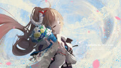 Rule 34 | 1girl, arknights, artist name, blue flower, bouquet, brown hair, character name, closed eyes, closed mouth, commentary, eps3rd, eyebrows hidden by hair, eyjafjalla (arknights), eyjafjalla the hvit aska (arknights), facing viewer, floating hair, flower, highres, holding, holding bouquet, horns, jacket, long hair, open clothes, open jacket, purple shirt, rose, sheep horns, shirt, side ponytail, smile, solo, upper body, very long hair, white flower, white jacket, yellow flower, yellow rose
