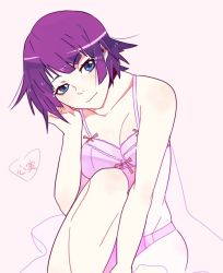 Rule 34 | 1girl, bra, grey eyes, kokomi (aniesuakkaman), looking at viewer, monogatari (series), panties, purple hair, senjougahara hitagi, solo, underwear