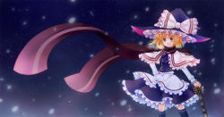 Rule 34 | 1girl, blonde hair, capelet, guitar, hat, instrument, kirisame marisa, perfect cherry blossom, scarf, short hair, siva, sky, smile, socks, solo, star (sky), star (symbol), starry background, starry sky, touhou, witch hat, yellow eyes