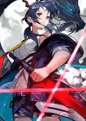 Rule 34 | 1girl, arknights, black jacket, black shorts, blue hair, ch&#039;en (arknights), collared shirt, cowboy shot, dragon, dragon horns, highres, holding, holding sword, holding weapon, horns, jacket, long hair, long sleeves, low twintails, multicolored neckwear, necktie, open clothes, open jacket, red eyes, shirt, short shorts, shorts, sleeveless, sleeveless shirt, solo, standing, sword, twintails, weapon, white shirt, yellow necktie, yoshio (55level)
