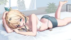Rule 34 | 1girl, adapted costume, alarm clock, arimoto wataru, ass, bare legs, bare shoulders, barefoot, bed, bed sheet, blonde hair, blush, breasts, chest sarashi, choker, cleavage, clock, collarbone, commentary request, eyelashes, feet, foot out of frame, foot up, green choker, green eyes, green shorts, hair between eyes, hair ornament, hairband, highleg, highleg panties, highres, hololive, indoors, kazama iroha, legs, looking at viewer, lying, medium breasts, medium hair, on bed, on stomach, panties, sarashi, short shorts, shorts, side-tie panties, sidelocks, soles, solo, teeth, thighs, toes, underwear, virtual youtuber, window