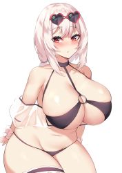 Rule 34 | 1girl, azur lane, bikini, black bikini, blush, breasts, choker, cleavage, collarbone, commentary request, curvy, feet out of frame, heart, heart-shaped eyewear, highres, huge breasts, kuavera, looking at viewer, navel, nose blush, o-ring, o-ring top, ponytail, red eyes, scrunchie, see-through, short hair, sirius (azur lane), sirius (scorching-hot seirios) (azur lane), solo, sunglasses, sunglasses on head, swimsuit, thick thighs, thigh strap, thighs, white background, white hair, wide hips