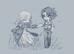 Rule 34 | 1boy, 1girl, catherine (project moon), closed eyes, closed mouth, clothes lift, dress, es limbus, flower, greyscale, heathcliff (project moon), highres, holding hands, limbus company, long dress, monochrome, non-web source, on grass, project moon, scar, scar on face, skirt, skirt lift, smile