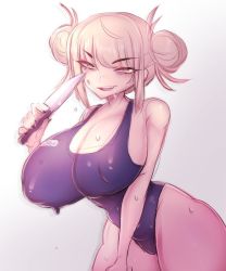Rule 34 | 1girl, artist name, black nails, blonde hair, blunt bangs, blush, boku no hero academia, breasts, brown eyes, double bun, grin, hair bun, highres, holding, holding knife, holding weapon, huge breasts, inkbuns, knife, messy hair, nail polish, naughty face, one-piece swimsuit, sharp teeth, sidelocks, signature, smile, swimsuit, teeth, thick thighs, thighs, toga himiko, weapon, wet, wet clothes, wet swimsuit, white background