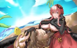 Rule 34 | 1girl, absurdres, azur lane, beach, bird, black gloves, blue sky, braid, breasts, chick, chinese commentary, clemenceau (azur lane), cloak, closed mouth, cloud, commentary request, covered navel, cross, crown, crown braid, day, dress, elbow gloves, fur-trimmed cloak, fur trim, gloves, grey dress, hair between eyes, highres, hip vent, large breasts, long hair, looking at viewer, lying, manjuu (azur lane), minuo songshu, ocean, on side, palm tree, red eyes, red hair, sidelocks, sky, smile, solo focus, tight clothes, tight dress, tilted headwear, tree, underboob