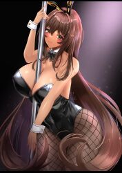 Rule 34 | 1girl, animal ears, bare shoulders, between breasts, black bow, black bowtie, black leotard, blush, bow, bowtie, breasts, brown hair, detached collar, fake animal ears, fishnet pantyhose, fishnets, goddess of victory: nikke, highres, holding, holding pole, large breasts, leotard, long hair, looking at viewer, noir (nikke), orange eyes, pantyhose, playboy bunny, pole, rabbit ears, smile, solo, uchi1048, very long hair, wrist cuffs