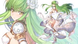 Rule 34 | 1girl, blush, breasts, c.c., code geass, cosplay, creayus, dated, detached sleeves, dress, flower, full body, glorybringer (granblue fantasy), granblue fantasy, green hair, hair between eyes, hair flower, hair ornament, high heels, highres, long hair, long sleeves, looking at viewer, medium breasts, simple background, solo, sword, the glory, the glory (cosplay), thighhighs, very long hair, weapon, white background, white dress, white flower, white thighhighs, yellow eyes