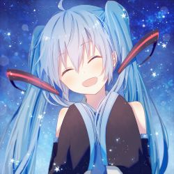 Rule 34 | 1girl, ahoge, blue hair, detached sleeves, closed eyes, hatsune miku, head tilt, long hair, mimengfeixue, necktie, open mouth, sleeves past wrists, solo, twintails, upper body, vocaloid