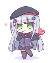 Rule 34 | 1girl, beret, black thighhighs, blunt bangs, blush, box, buttons, chibi, girls&#039; frontline, gloves, green eyes, grey hair, hair ornament, hat, heart, heart-shaped box, highres, hk416 (girls&#039; frontline), holding, jacket, kashimu, long hair, long sleeves, looking at viewer, simple background, skirt, solo, thighhighs, valentine, very long hair, white background