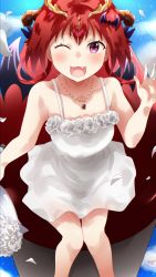Rule 34 | 1girl, absurdres, artist request, blush, dress, fang, gabriel dropout, highres, long hair, looking at viewer, one eye closed, open mouth, purple eyes, red hair, satanichia kurumizawa mcdowell, smile, solo, white dress