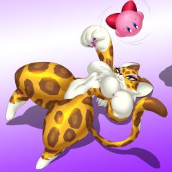 Rule 34 | 1boy, 1girl, absurdres, animal hands, breasts, cat paws, clawroline, colored sclera, curvy, furry, furry female, groin tendon, highres, kirby, kirby (series), large breasts, leopard girl, lying, lyn kai, navel, nintendo, nude, on back, purple eyes, tail, thick thighs, thighs, toned, wide hips, yellow sclera