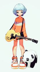 Rule 34 | 1girl, blue hair, electric guitar, expressionless, female focus, full body, guitar, instrument, original, panda, shoes, short hair, shorts, simple background, sneakers, solo, standing, white background, yokoshima wakaba