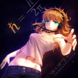 Rule 34 | 1girl, album cover, blue eyes, breasts, brown hair, cleavage, commentary, cover, denim, gradient background, groin, headphones, jeans, light brown hair, looking at viewer, math, messy hair, midriff, navel, original, pants, short hair, softmode, solo, tank top