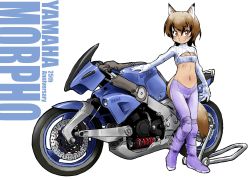 Rule 34 | 1girl, animal ears, anniversary, boots, breasts, brown eyes, brown hair, cleavage, cleavage cutout, clothing cutout, copyright name, crop top, fox ears, fox girl, fox tail, full body, gloves, highres, konkon, long sleeves, midriff, motor vehicle, motorcycle, navel, original, pants, purple footwear, purple pants, ribbed shirt, shirt, small breasts, smile, solo, tail, turtleneck, white gloves, yamaha