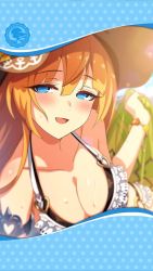 Rule 34 | 1girl, artist request, blue eyes, blush, bracelet, breasts, cleavage, collarbone, framed image, hat, heart o-ring, highres, jewelry, large breasts, long hair, official art, orange hair, phantom of the kill, pisarl (phantom of the kill), sun hat, towel