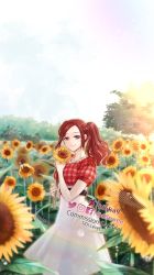 Rule 34 | 1girl, artist name, breasts, commentary, commission, deviantart logo, english commentary, facebook logo, flower, highres, holding, holding flower, indie virtual youtuber, instagram logo, izy cuisine, medium breasts, ponytail, red shirt, second-party source, shirt, skirt, sky, smile, solo, sunflower, tidi levee, tree, twitter logo, twitter username, virtual youtuber, watermark, white skirt