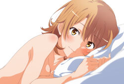 Rule 34 | 1girl, breasts, brown eyes, brown hair, closed mouth, commentary request, completely nude, highres, isshiki iroha, looking at viewer, lying, medium hair, nude, on stomach, shou937, simple background, small breasts, smile, solo, stomach, white background, yahari ore no seishun lovecome wa machigatteiru.