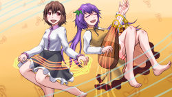 Rule 34 | 2girls, absurdres, bare legs, barefoot, blush, breasts, brown eyes, chain, closed eyes, feet, frilled sleeves, frills, hair ornament, highres, instrument, long hair, long sleeves, looking up, medium breasts, multiple girls, music, musical note, nakamura append, open mouth, playing instrument, ponytail, short hair, siblings, simple background, sisters, smile, toes, touhou, tsukumo benben, tsukumo yatsuhashi