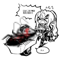 Rule 34 | &gt; &lt;, 1boy, 1girl, blood, bug, bug costume, censored, censored violence, chibi, closed eyes, cockroach, commander (girls&#039; frontline), commander (girls&#039; frontline) (madcore), commentary request, crying, flying sweatdrops, girls&#039; frontline, hair ornament, hairclip, holding, insect, iws 2000 (girls&#039; frontline), iws 2000 (the seventh sealer) (girls&#039; frontline), korean commentary, korean text, long hair, madcore, monochrome, mosaic censoring, official alternate costume, open mouth, ponytail, pushing cart, simple background, translation request, turn pale, very long hair, wavy mouth, wheelbarrow, white background