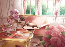 Rule 34 | 2girls, ayuko (ayuco), bad id, bad pixiv id, bespectacled, black dress, blonde hair, blush, book, braid, capelet, coat, couch, crescent, cup, dress, drooling, closed eyes, female focus, flower, glasses, hair ribbon, hat, hat ribbon, indoors, kirisame marisa, lap pillow, long hair, lying, multiple girls, on stomach, open mouth, patchouli knowledge, pink flower, pink rose, purple hair, ribbon, rose, sitting, sleeping, table, teacup, touhou, tree, window, witch, witch hat