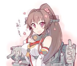 Rule 34 | 1girl, breasts, brown hair, cherry blossoms, detached sleeves, flower, hair flower, hair ornament, headgear, kantai collection, kusanagi tonbo, large breasts, long hair, ponytail, sleeveless, solo, translated, turret, very long hair, yamato (kancolle)