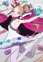 1girl abigail_williams_(fate) abigail_williams_(santa)_(fate) absurdres armpits ballet_slippers blonde_hair blue_eyes blush christmas_ornaments dancing detached_sleeves fate/grand_order fate_(series) fujimaru_ritsuka_(male) gift hair_bun highres skirt uriuriyukitti