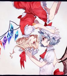 Rule 34 | 2girls, arms up, ascot, bat wings, blonde hair, blue hair, bow, breasts, closed mouth, collar, collared dress, collared shirt, crystal, dress, eyes visible through hair, fang, fangs, flandre scarlet, flying, frills, gem, grey background, hair between eyes, hands up, hat, hat bow, hat ribbon, highres, jewelry, katai (nekoneko0720), looking at another, medium breasts, mob cap, multicolored wings, multiple girls, one side up, open mouth, puffy short sleeves, puffy sleeves, red ascot, red bow, red eyes, red ribbon, red skirt, red vest, remilia scarlet, ribbon, shirt, short hair, short sleeves, siblings, simple background, sisters, skirt, smile, socks, standing, tongue, touhou, vest, white dress, white headwear, white legwear, white shirt, wings, yellow ascot