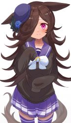 Rule 34 | 1girl, absurdres, amamoru 21, animal ears, blue skirt, blush, brown hair, cardigan, commentary request, cowboy shot, hair over one eye, hat over one eye, highres, horse ears, horse girl, horse tail, long hair, long sleeves, looking at viewer, pleated skirt, purple eyes, rice shower (umamusume), sailor collar, simple background, skirt, sleeves past fingers, sleeves past wrists, solo, tail, thighhighs, umamusume, white background, zettai ryouiki