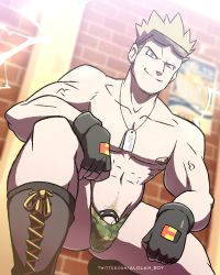 Rule 34 | 1boy, absurdres, alolan boy, bara, black gloves, blonde hair, blue eyes, boots, bulge, camouflage, camouflage underwear, closed mouth, creatures (company), eyewear on head, fingerless gloves, game freak, gloves, highres, jewelry, large pectorals, male focus, male underwear, muscular, muscular male, necklace, nintendo, nipple piercing, nipples, pectorals, piercing, pokemon, pokemon hgss, short hair, smile, solo, spiked hair, squatting, sunglasses, surge (pokemon), thong, twitter username, underwear