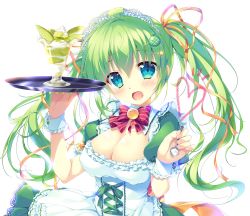 Rule 34 | 1girl, blue eyes, blush, bow, bowtie, breasts, cleavage, commentary, food, frills, green hair, hair ornament, hairclip, heart, highres, holding, large breasts, maid, maid headdress, melon-chan, mikeou, open mouth, puffy sleeves, short sleeves, simple background, solo, spoon, tray, twintails, upper body, white background, wrist cuffs