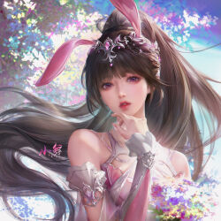 Rule 34 | 1girl, absurdres, animal ears, artist request, bouquet, brown hair, douluo dalu, dress, flower, hair ornament, hand up, highres, holding, holding bouquet, long hair, looking at viewer, parted lips, pink dress, pink eyes, ponytail, rabbit ears, realistic, second-party source, solo, teeth, upper body, xiao wu (douluo dalu)