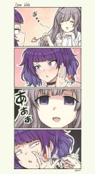 Rule 34 | 2girls, 4koma, :d, anger vein, bandaged arm, bandages, bandaid, bandaid on face, bandaid on forehead, between fingers, black choker, blunt bangs, blush, blush stickers, choker, close-up, closed eyes, closed mouth, comic, commentary request, dessert, diagonal bangs, empty eyes, feeding, fingernails, food, force-feeding, fruit, glass, grey hair, hand on own chin, hand up, highres, holding, holding spoon, idolmaster, idolmaster shiny colors, long hair, looking at another, multiple girls, nail polish, open mouth, outline, outstretched hand, parted bangs, pas (paxiti), purple eyes, purple hair, purple nails, shaded face, shirt, short hair, short sleeves, sidelocks, smile, spoon, strawberry, studded choker, sweat, nervous sweating, tanaka mamimi, tareme, trembling, tsurime, twintails, whipped cream, white outline, white shirt, yukoku kiriko