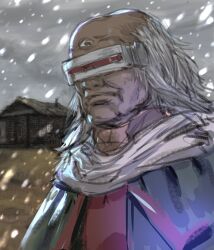 Rule 34 | 1boy, camael, closed mouth, highres, house, long hair, looking at viewer, old, old man, outdoors, robe, snowing, solo, star ocean, star ocean the second story, third eye, white hair, wrinkled skin, yasuda akira