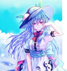 Rule 34 | 1girl, arm up, black headwear, blue bow, blue hair, blue sash, blue skirt, blush, bow, bowtie, breasts, buttons, cloud, cowboy shot, day, food, frills, fruit, hair between eyes, hand on own cheek, hand on own face, here (hr rz ggg), highres, hinanawi tenshi, long hair, looking at viewer, parted lips, peach, puffy short sleeves, puffy sleeves, red bow, red bowtie, red eyes, sash, shirt, short sleeves, skirt, sky, small breasts, smile, solo, sparkle, standing, touhou, very long hair, white shirt