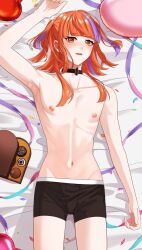 Rule 34 | 1boy, arm up, armpits, bad tag, black choker, black male underwear, breasts, candy, chocolate, chocolate heart, choker, commission, food, heart, highres, long hair, lying, male underwear, midriff, multicolored hair, navel, nipples, open mouth, orange eyes, orange hair, original, pinchi, purple hair, skeb commission, small breasts, solo, stomach, streaked hair, underwear