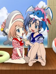 Rule 34 | 10s, 1boy, 1girl, ascot, barefoot, blue eyes, brother and sister, brown hair, cardfight!! vanguard, feeding, food, full body, hat, ice cream, ice cream cone, microphone, open mouth, sendou aichi, sendou emi, shijimi (outa), short hair, siblings, smile, soft serve, wingal