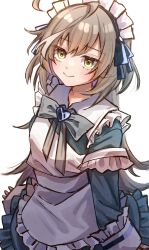 Rule 34 | 1girl, absurdres, ahoge, apron, arms at sides, assault lily, blue ribbon, blush, bow, bowtie, closed mouth, commentary, cowboy shot, dress, frilled apron, frilled dress, frilled sleeves, frills, grey bow, grey bowtie, grey dress, grey hair, hair ribbon, highres, long hair, long sleeves, looking ahead, maid, maid headdress, multicolored hair, official alternate costume, ribbon, sasaki ran, simple background, sleeves past fingers, sleeves past wrists, solo, standing, streaked hair, very long hair, white apron, white background, yellow eyes, yozakurayuyu