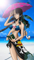 Rule 34 | 1girl, adjusting hair, arms behind back, beach, bikini, black hair, black skirt, blue bikini, blue sky, blunt bangs, book, bookmark, breasts, cleavage, cloud, cloudy sky, cocktail, cocktail umbrella, collarbone, cup, day, drink, drinking, drinking straw, extra arms, female focus, flag, going merry, hana hana no mi, holding, holding book, holding cup, holding umbrella, horizon, jolly roger, large breasts, lens flare, long hair, looking at viewer, multi arm, multi limb, nico robin, ocean, one piece, open book, outdoors, palm tree, petals, pirate, reading, sand, sarong, shiny skin, skinny, skirt, sky, solo, standing, straw hats jolly roger, sunlight, swimsuit, tree, umbrella