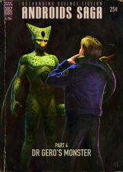 Rule 34 | 1boy, asphyxiation, astor alexander, blonde hair, blue jacket, blue pants, cell (dragon ball), colored skin, commentary, cover, downscaled, dragon ball, dragonball z, fake cover, green skin, highres, imperfect cell, jacket, monster, neck lift, pants, prehensile tail, realistic, red eyes, resized, retro artstyle, slit pupils, standing, strangling, tail, tail wrap, trunks (dragon ball), trunks (future) (dragon ball), wings