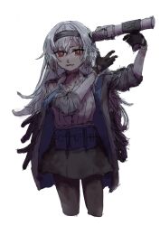Rule 34 | 1girl, ammunition pouch, black gloves, black hairband, commentary request, cowboy shot, girls&#039; frontline, gloves, grey hair, gun, gun to head, hairband, highres, holding, holding gun, holding weapon, jacket, long hair, looking at viewer, mm (kabokorooic), pantyhose, pouch, prototype design, red eyes, rifle-caliber handgun, rifle-caliber pistol, scar, scar on neck, shirt, simple background, skirt, sleeves rolled up, smile, solo, straight hair, thunder (girls&#039; frontline), triple action thunder, weapon, white background, white shirt
