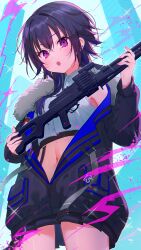 Rule 34 | 1girl, absurdres, bare shoulders, black jacket, blue hair, blush, commentary request, cropped shirt, gun, highres, holding, holding gun, holding weapon, ichinose uruha, ichinose uruha (4th costume), jacket, long sleeves, looking at viewer, lupinus virtual games, medium hair, midriff, multicolored hair, navel, open mouth, partially unzipped, purple eyes, rei toba, shirt, sleeveless, solo, stomach, streaked hair, teeth, upper teeth only, virtual youtuber, vspo!, weapon, white shirt